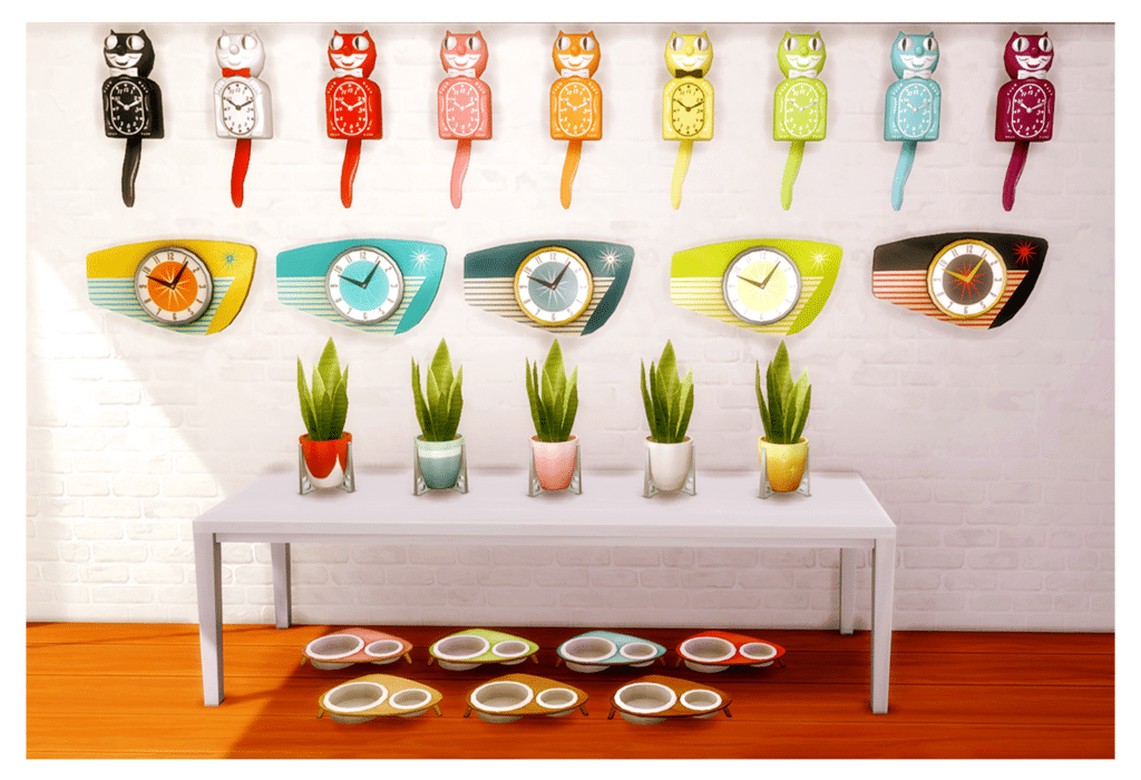 A white table against a white wall. On the wooden floor below the table are several colors of atomic style pet food bowl, and small plants in atomic-style planters on top. Various swatches of KitCat Clock and atomic wall clock hangs on the wall above.