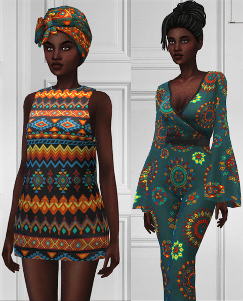 A female sim in 2 Kwanzaa outfits: one is a short dress and headwrap, and the other is a full jumpsuit, both in African-inspired patterns.