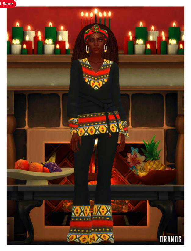 a black sim wearing a headband, earrings, shirt, and pants in African patterns and colors