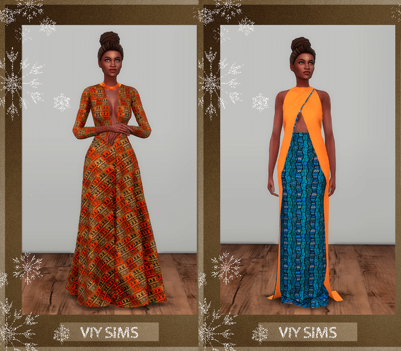 A black femme sim in 2 dramatic dresses featuring colors and patterns in African themes