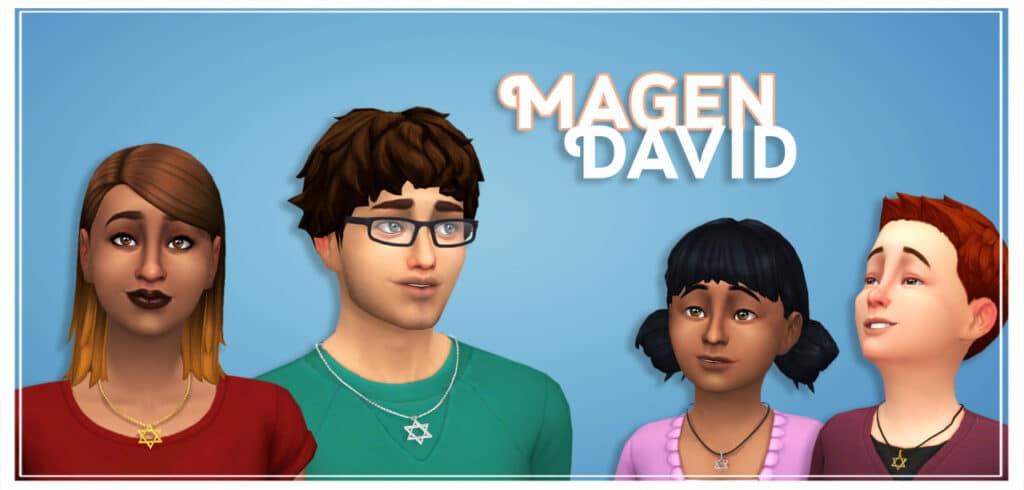 Two adult sims and two child sims, each wearing a star of David necklace. The adults' hang from matching metal chain while the children's hang from black cord.