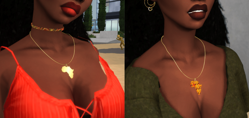 two female sims wearign necklaces with a charm shaped like the continent of Africa. One version of the necklace has an accompanying choker.