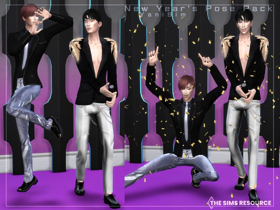 Two sims in multiple poses. One is a sim dancing, one is popping the cork on a bottle of champagne while wincing away, one is dancing low in confetti, and one is popping the champagne cork with a confident face.