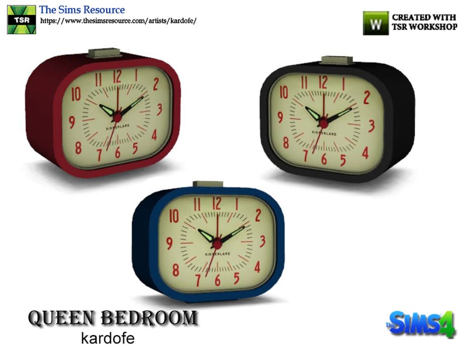 A 1980's style analog alarm clock in 3 colors. The face is numbered in red and the hands are luminescent green.