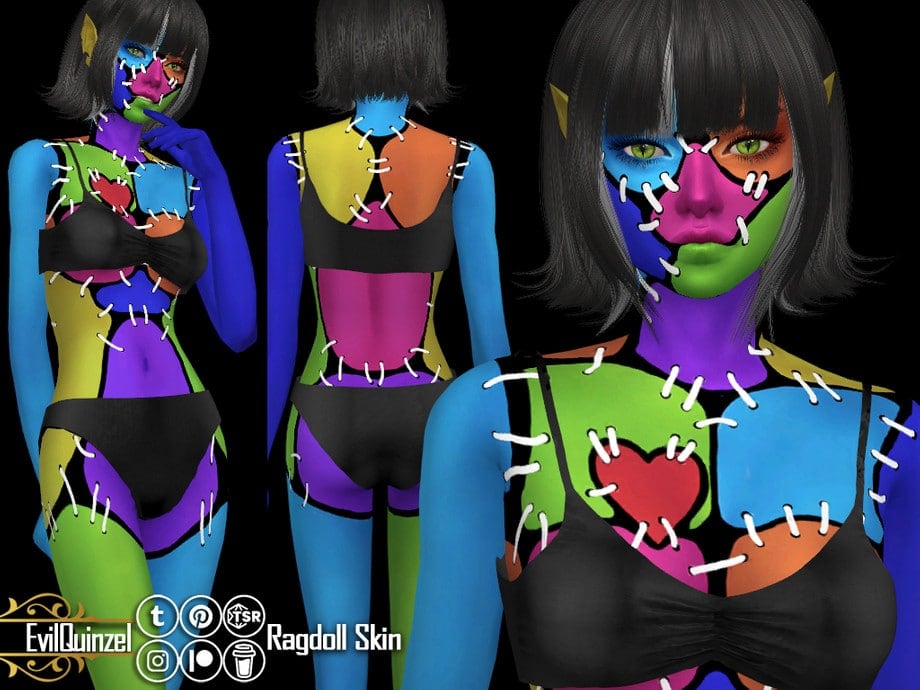 A female sim with short hair in black undies and bra, her skin made up of large colorful patches that are "stitched" together with white thread.