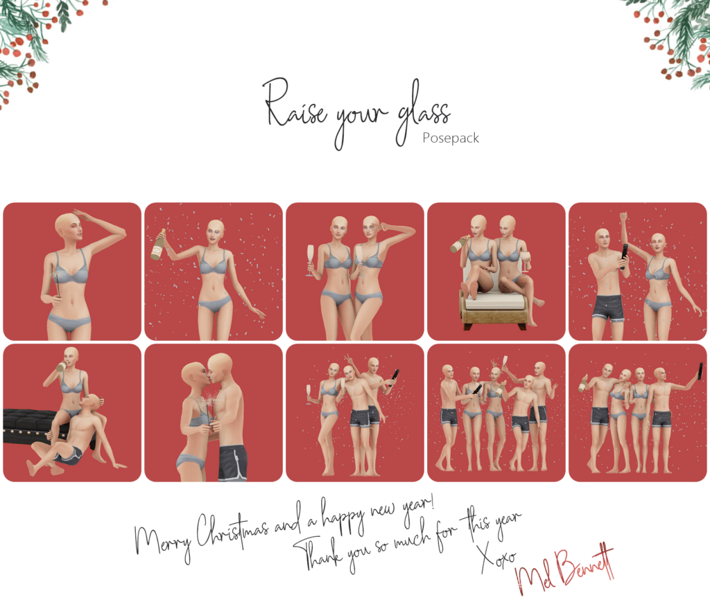 A montage of different poses from the posepack. They include variations of drinking champagne, using new year crackers, and playing with sparklers.