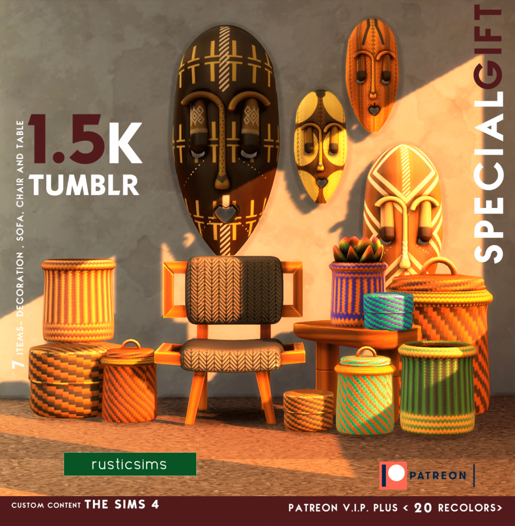 a collection of large wall masks and baskets in Mexican and African patterns and themes.