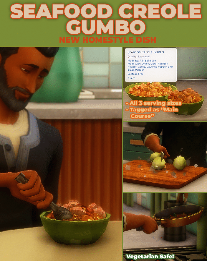 A sim eating a bowl of Seafood Creole Gumbo