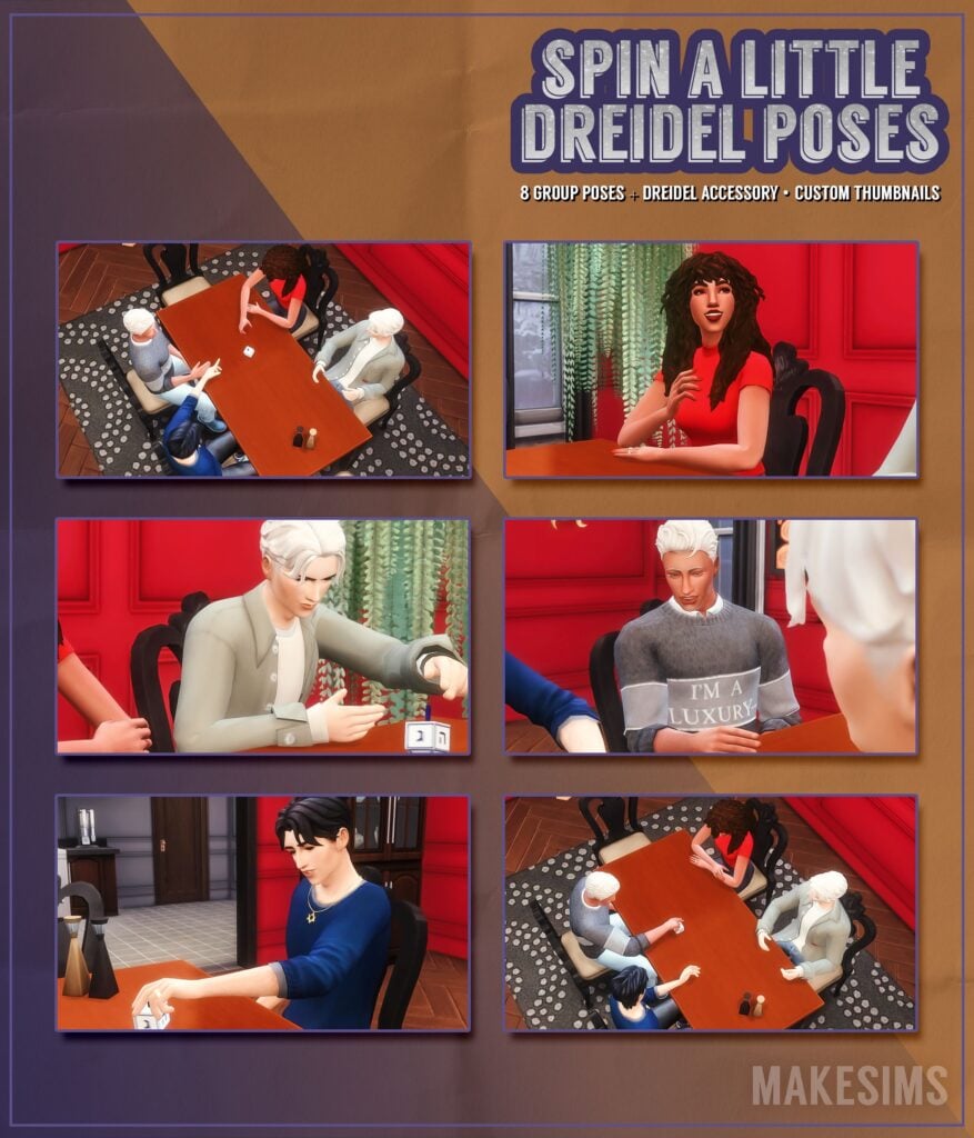 An assortment of poses for 4 adult sims showing various stages of spinning a dreidel