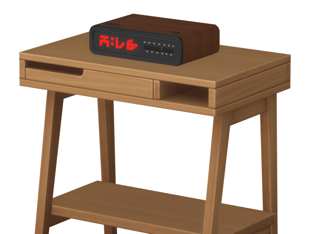 A 1980's style woodgrain alarm clock radio with the glowing red simlish numbers atop a basic side table