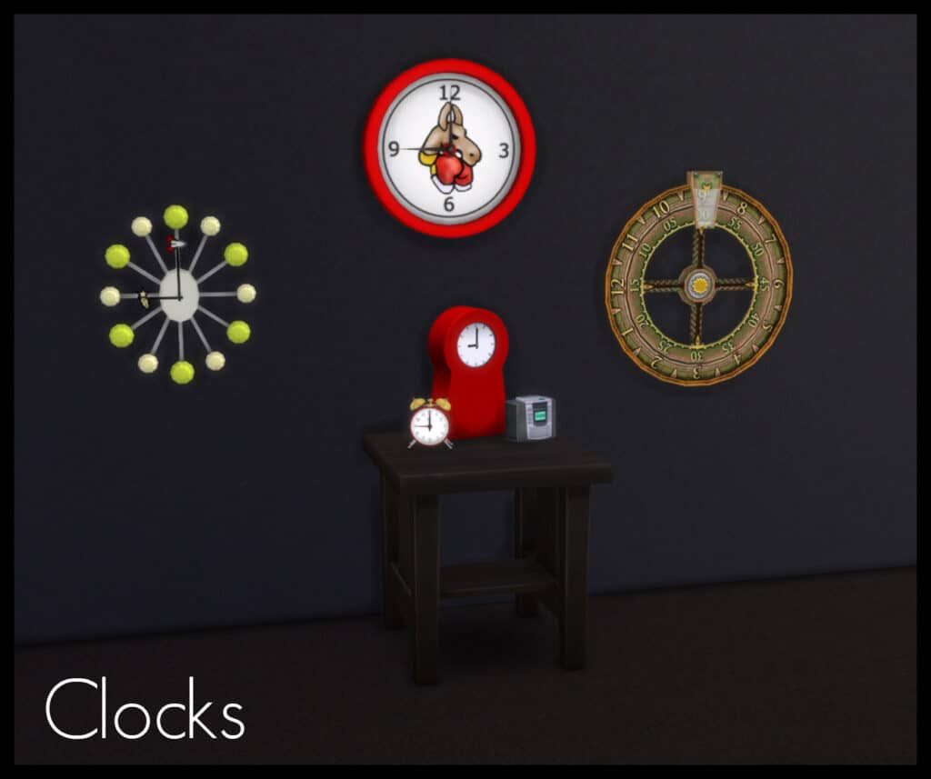 Sims 4 versions of various wall and tabletop clocks from The Sims 2