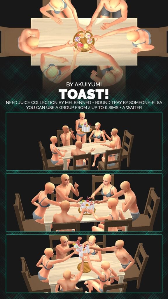 several poses of a group of 6 sims sat at a table. in one pose one of the sims is stood up holding a tray of drinks, in one pose they're reaching for a tray of drinks in the center of the table, and in one post they are having a toast with the drinks.