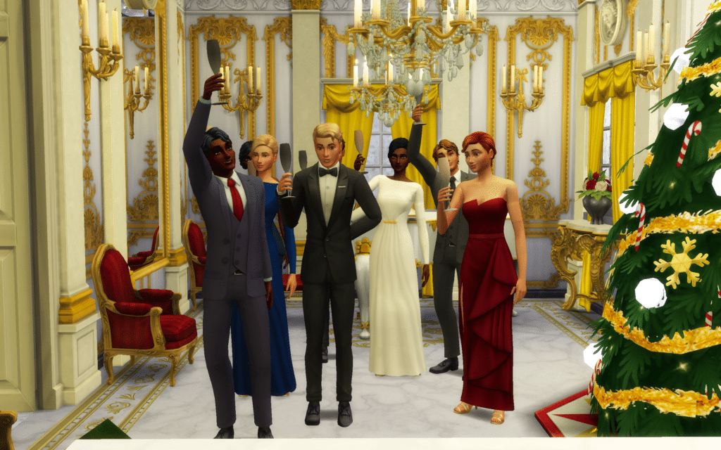 A group of decorative sims dressed in formal party attire holding champagne flutes, posed as if participating in a toast.