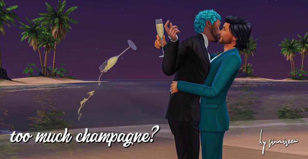 A couple embraced in a kiss. One holds a glass of champagne while the other sim has tossed their glass away behind them.