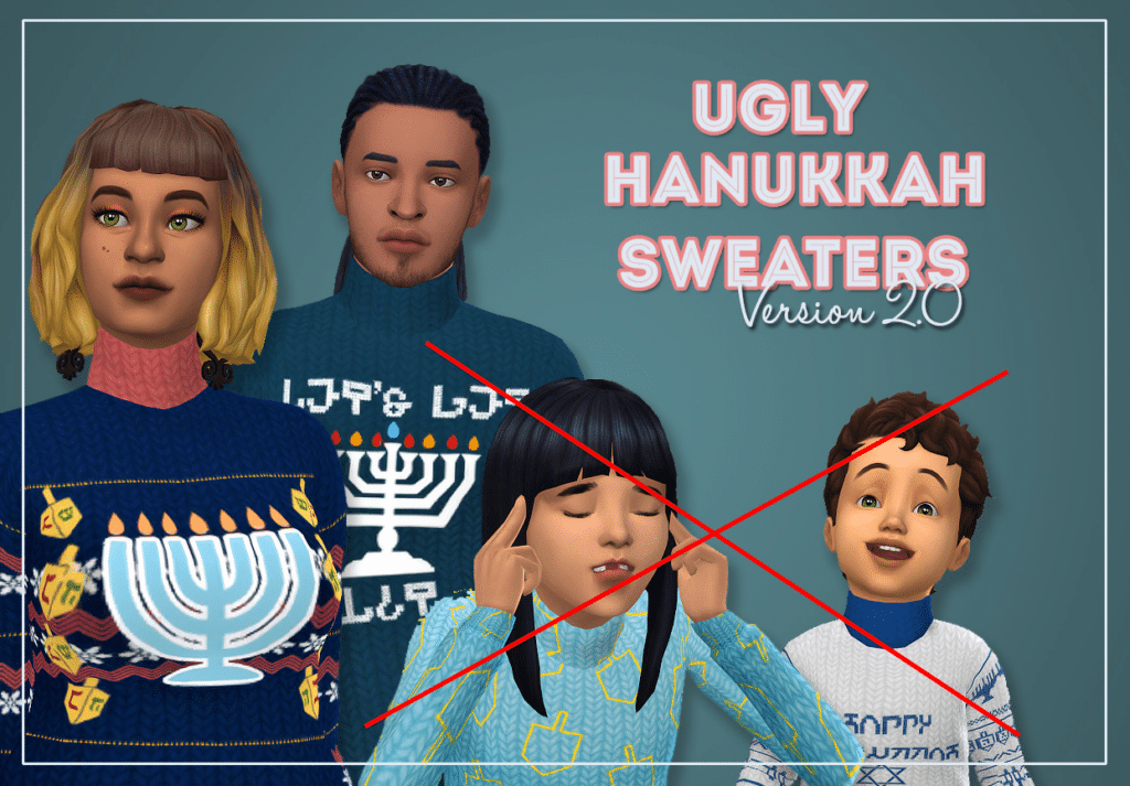 Sims of assorted ages wearing turtleneck sweaters bearing Hanukkah themed designs.