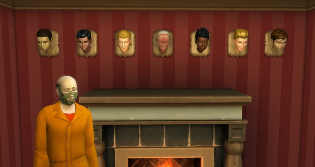 a room with a burning fireplace and a series of sim heads mounted above them like a hunter would mount their trophies. A sim looking like Hannibal Lecter is standing nearby.