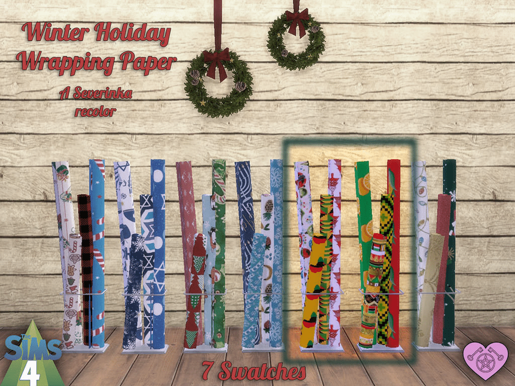 stacks of wrapping paper in various holiday motifs such as Christmas patterns, Hanukkah patterns, and Kwanzaa patterns.