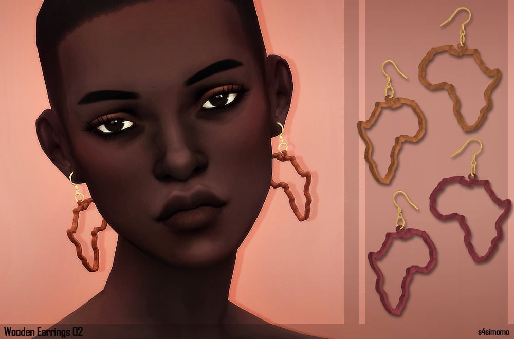 A black female sim wearing wooden earrings shaped like the outline of the continent of Africa.