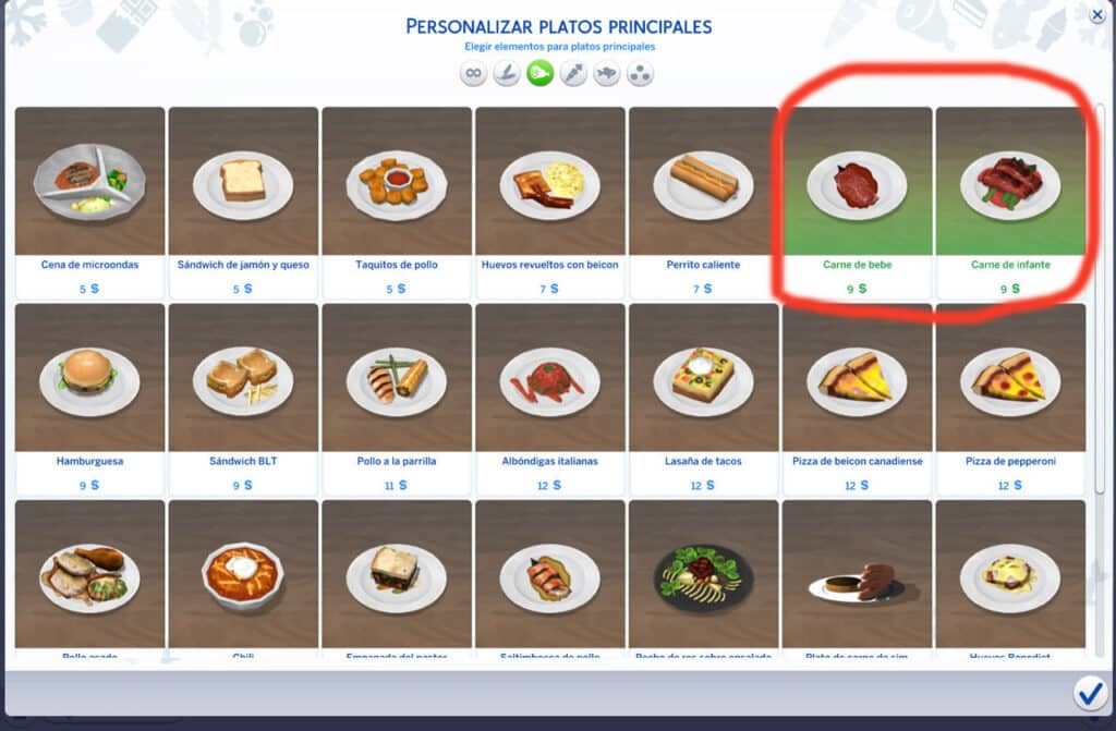 a sims 4 restaurant food menu which includes cannibalistic dishes made up of young sims.