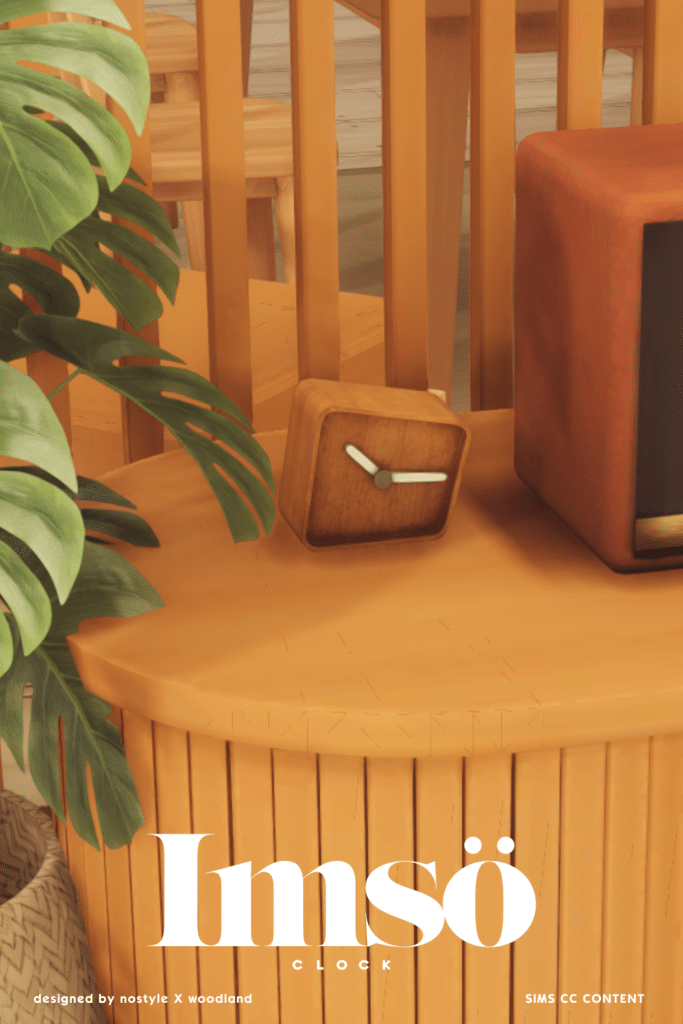 A small square wooden table alarm clock. the bottom of the clock is at an angle making it look like it's sinking into the tabletop.