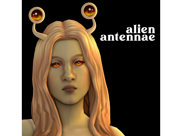 A female sim with long blonde hair. There are two antennae coming out of the sims head, each tipped with another eyeball that matches the eyes on the sim's face.