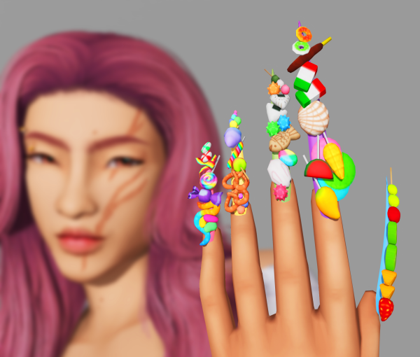 A sim holding their hand to the camera, showing off their fingernails. each nail is multiple cm in length and covered in decals of colorful snack foods like pretzels, dango, peppermints, wrapped candy, peach rings, and more.