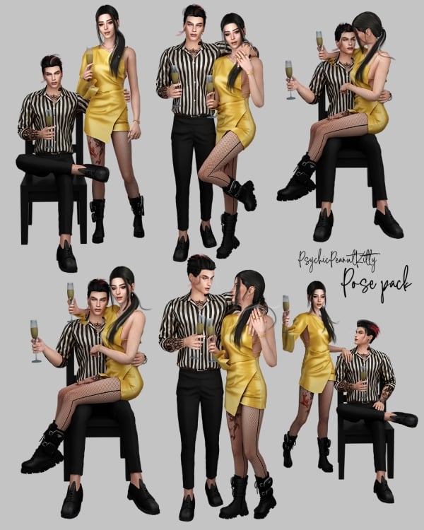 a montage of a couple posing with champagne. clockwise from upper left: male sitting in a chair and female standing to his left, both standing with male sim's arm around female sim who holds his hand, man sitting on chair with female on his lap and both looking into each other's eyes, male sitting in a chair looking up to the female who is standing to his right, couple standing with male's arm around female,s shoulder while both lock eyes, male sitting in chair with female on his lap, looking at camera.