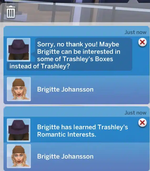 Trashley rebuffing a sim's romantic advances