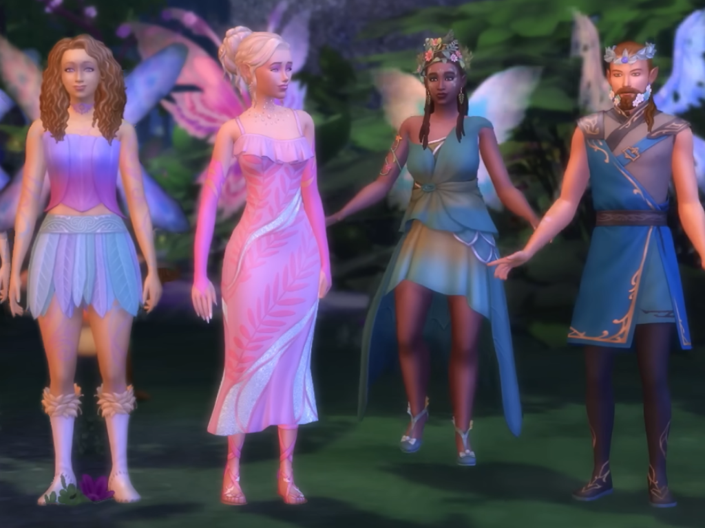 First Look: Sims 4 Fairies 7 Four fairies showing off the range of their appearences with elements like flower crowns, ethereal wings, glowing tattoos, and nature-focused clothing designs.