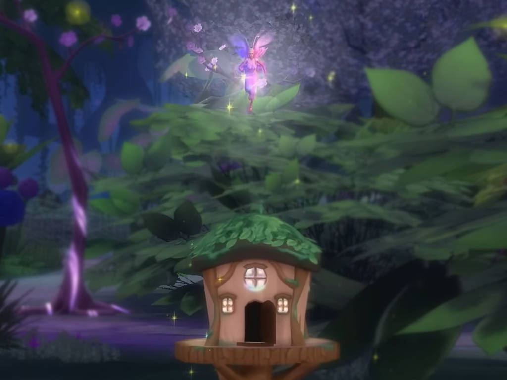 First Look: Sims 4 Fairies 8 A tiny Fairy flying above a small Fairy Home which bears branch details on the walls and it has leaves for a roof.