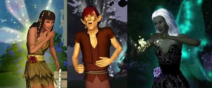 First Look: Sims 4 Fairies 5 A laughing Sims 3 female fairy, shocked male fairy, and a female fairy using her abilities.