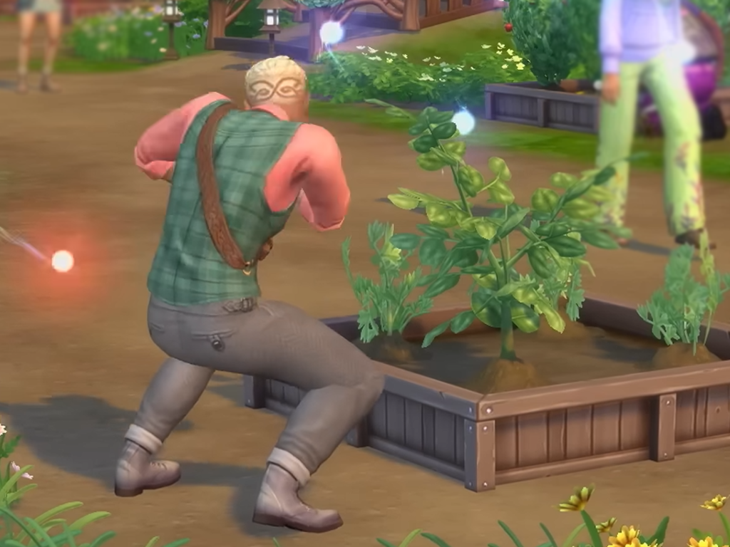 First Look: Sims 4 Fairies 9 A sim tending a plant bed being pestered by Pixies, which are represented as small glowing orbs.