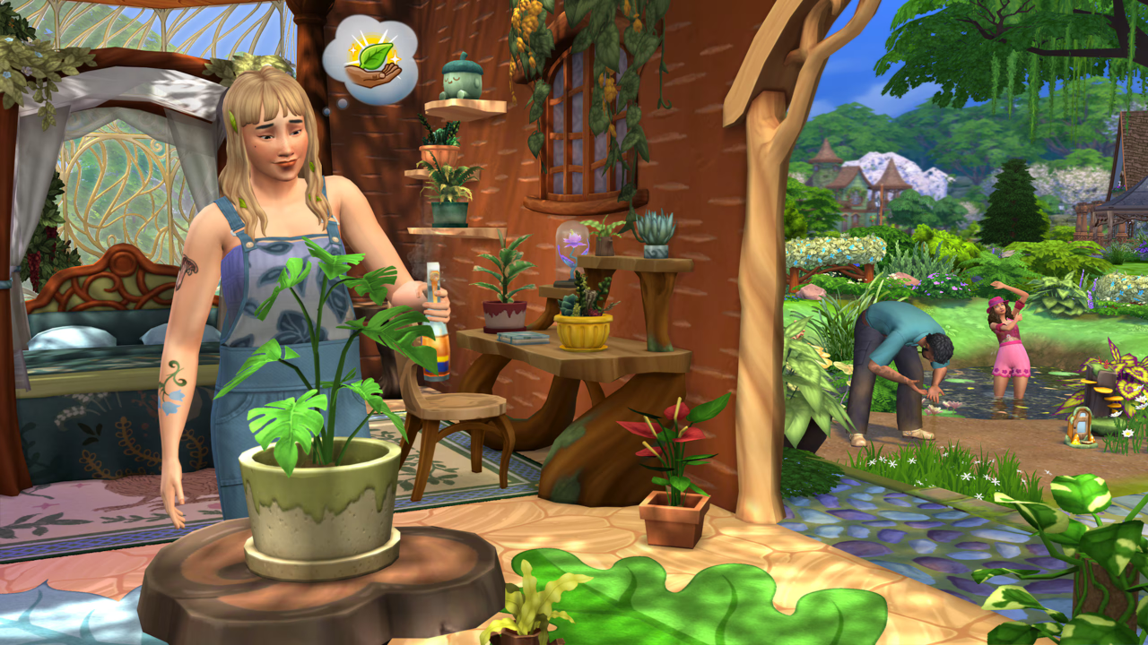 Enchanted By Nature Revealed! Gleaning Details From The Trailer 6 A Sim waters a potted plant in a cozy tree house room, while two Sims play in a pond outside, surrounded by lush greenery and flowers.