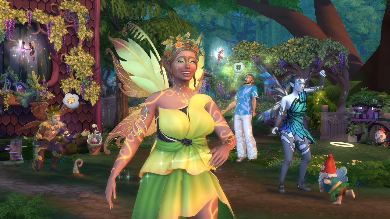 Enchanted By Nature Revealed! Gleaning Details From The Trailer 8 Fairy Sims in glowing costumes celebrate in a magical forest with sparkled, gnomes, and enchanted creatures under glowing trees.