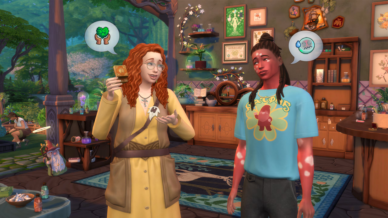 Enchanted By Nature Revealed! Gleaning Details From The Trailer 7 Two Sims talk in a cozy potion lab filled with herbs, plants, and magical items, while others forage outside in the forest.