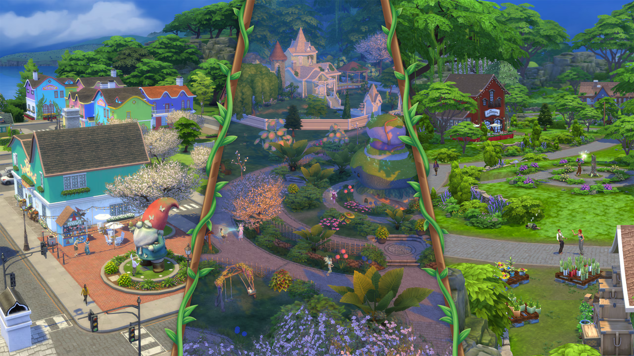 Enchanted By Nature Revealed! Gleaning Details From The Trailer 5 A whimsical neighborhood blends city life with magical forest parks, colorful shops, fairy gardens, and Sims exploring and gardening outdoors.