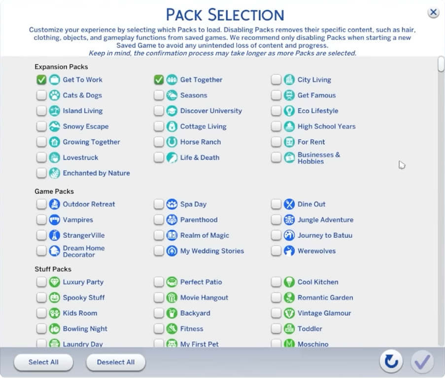 Pack Selection Menu