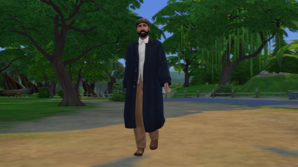 A male Sim with a beard and flat cap walks outdoors along a park path in an oversized dark blue trench coat in The Sims 4.
