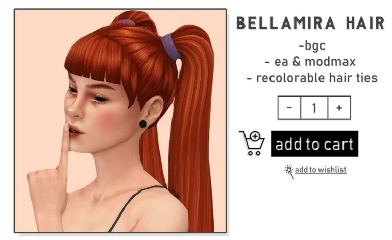 Bellamira Pigtail Hairstyle: BGC, EA/Maxis Palettes, Recolorable Ties, Teen-Elder