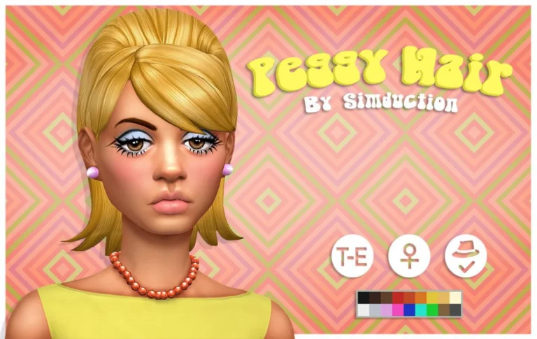 Peggy Hair by Simduction: Retro 60's Inspired, 18 Colors, Base Game-Compatible