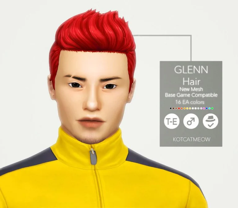 Glenn Hair: Base Game, Hat-Friendly, 16 EA Shades, Teen-Elder, TOU Reminder