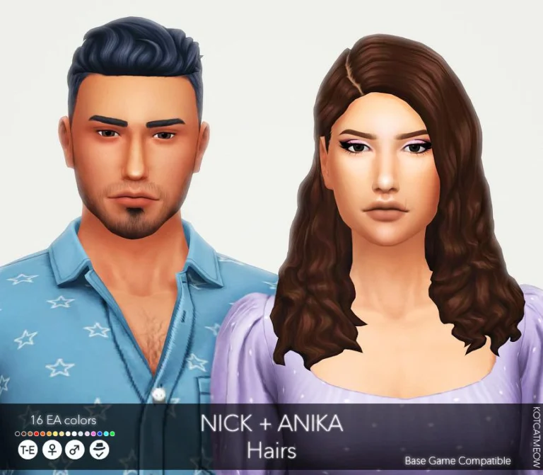 Nick & Anika Hair Pack: Base Game, Hat-Friendly, 16 EA Shades, Teen-Elder